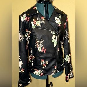 Black and floral faux leather jacket Sz Medium